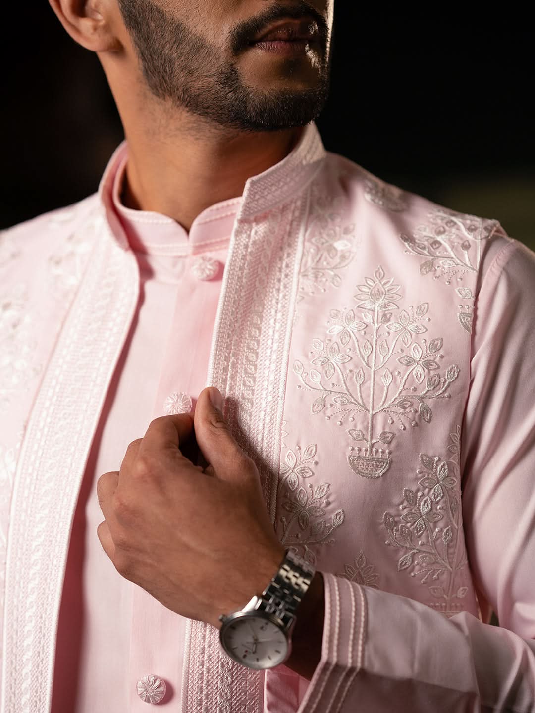 Pink linen Embroidery Long Open Jacket Kurta Set