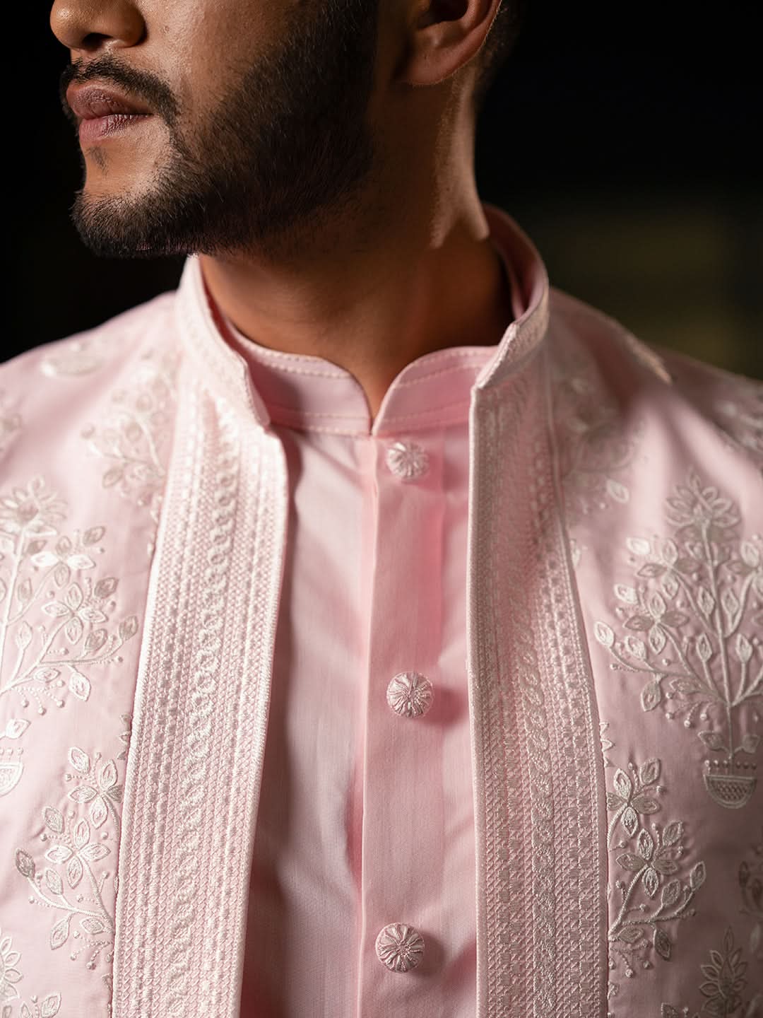 Pink linen Embroidery Long Open Jacket Kurta Set