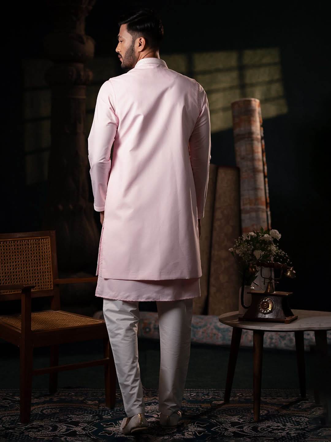 Pink linen Embroidery Long Open Jacket Kurta Set