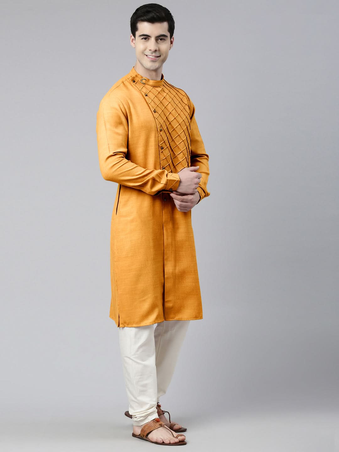 Mustard Pintuck Angrakha Kurta Set