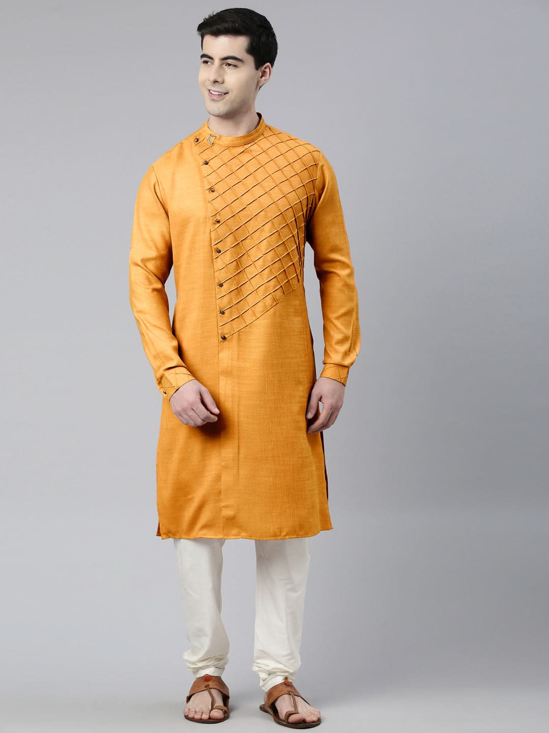 Mustard Pintuck Angrakha Kurta Set