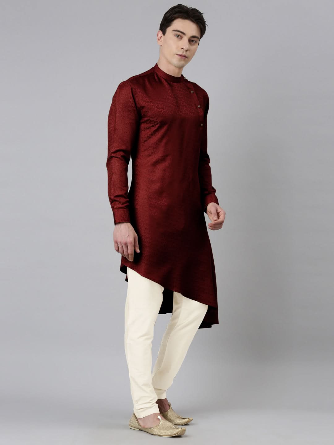 Maroon Self-Design Drape Side-Open Kurta