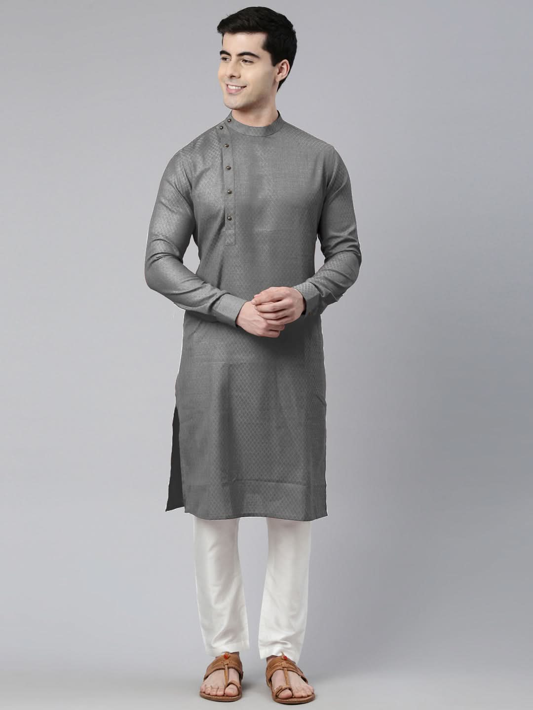 Grey Self design Side Open Kurta Set