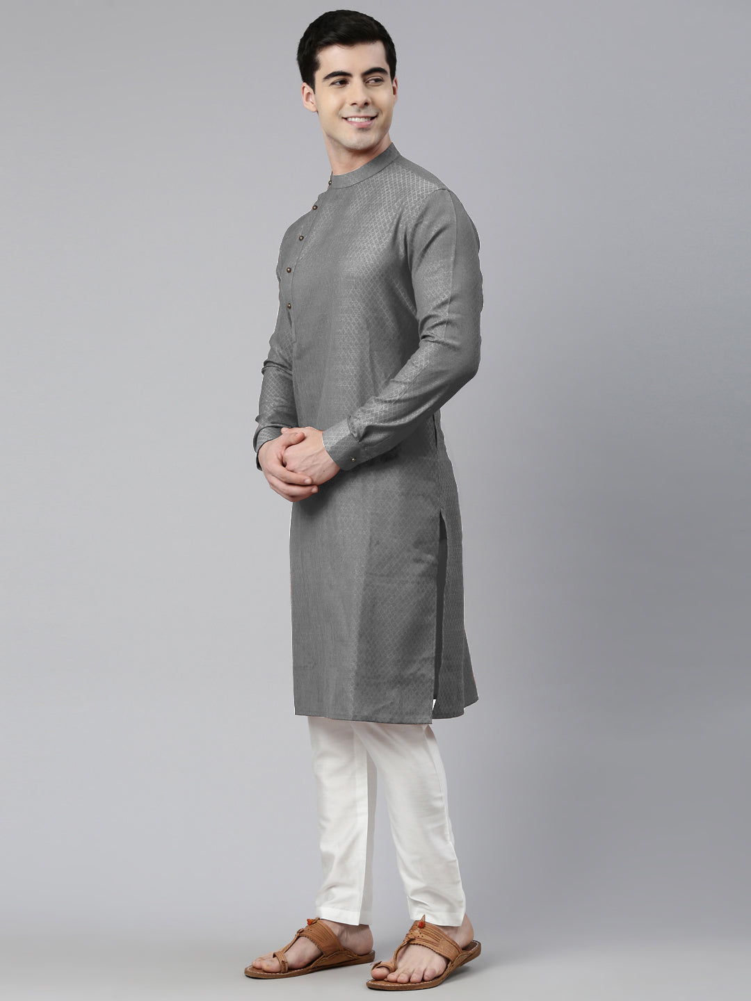 Grey Self design Side Open Kurta Set