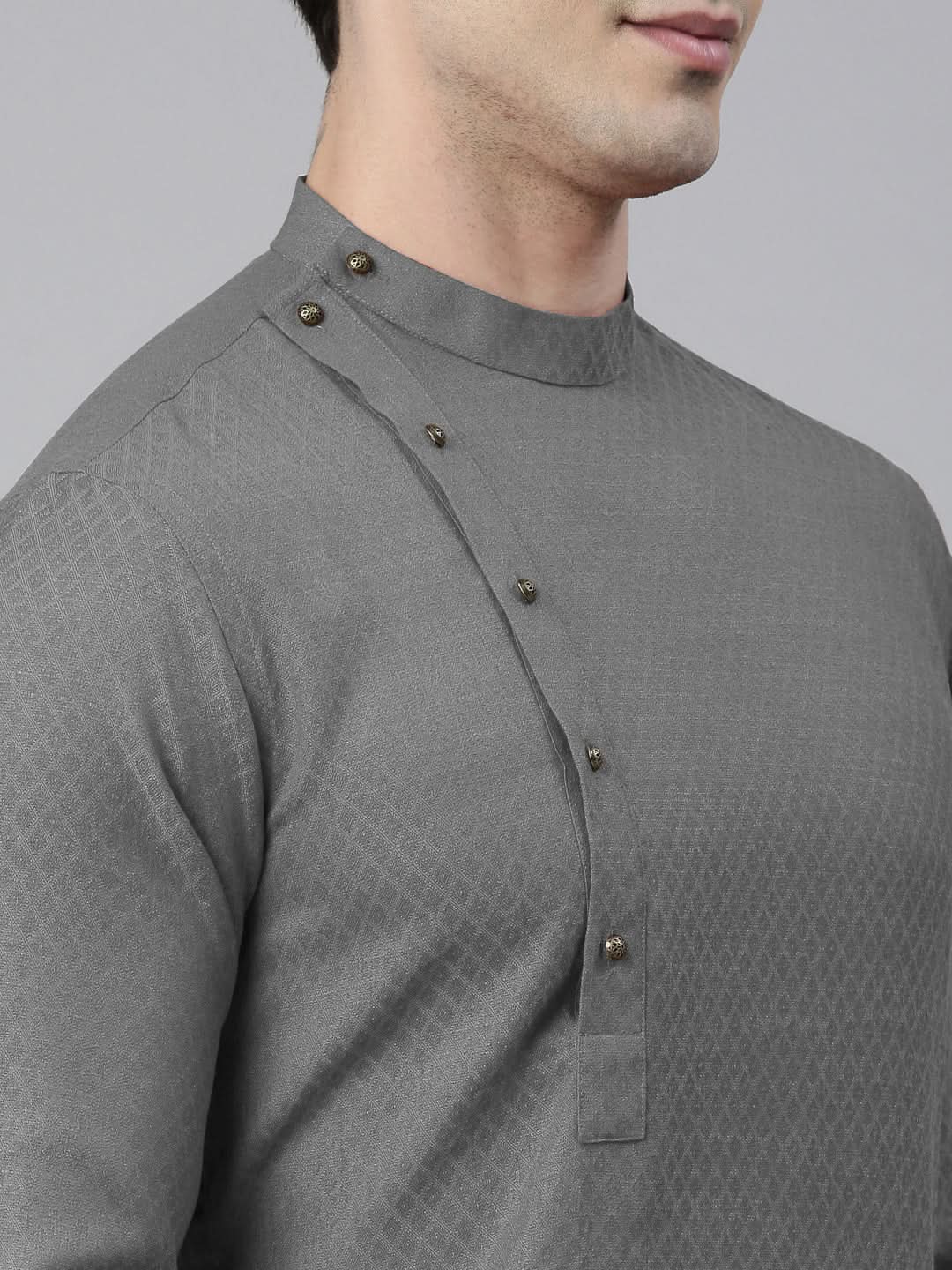 Grey Self design Side Open Kurta Set