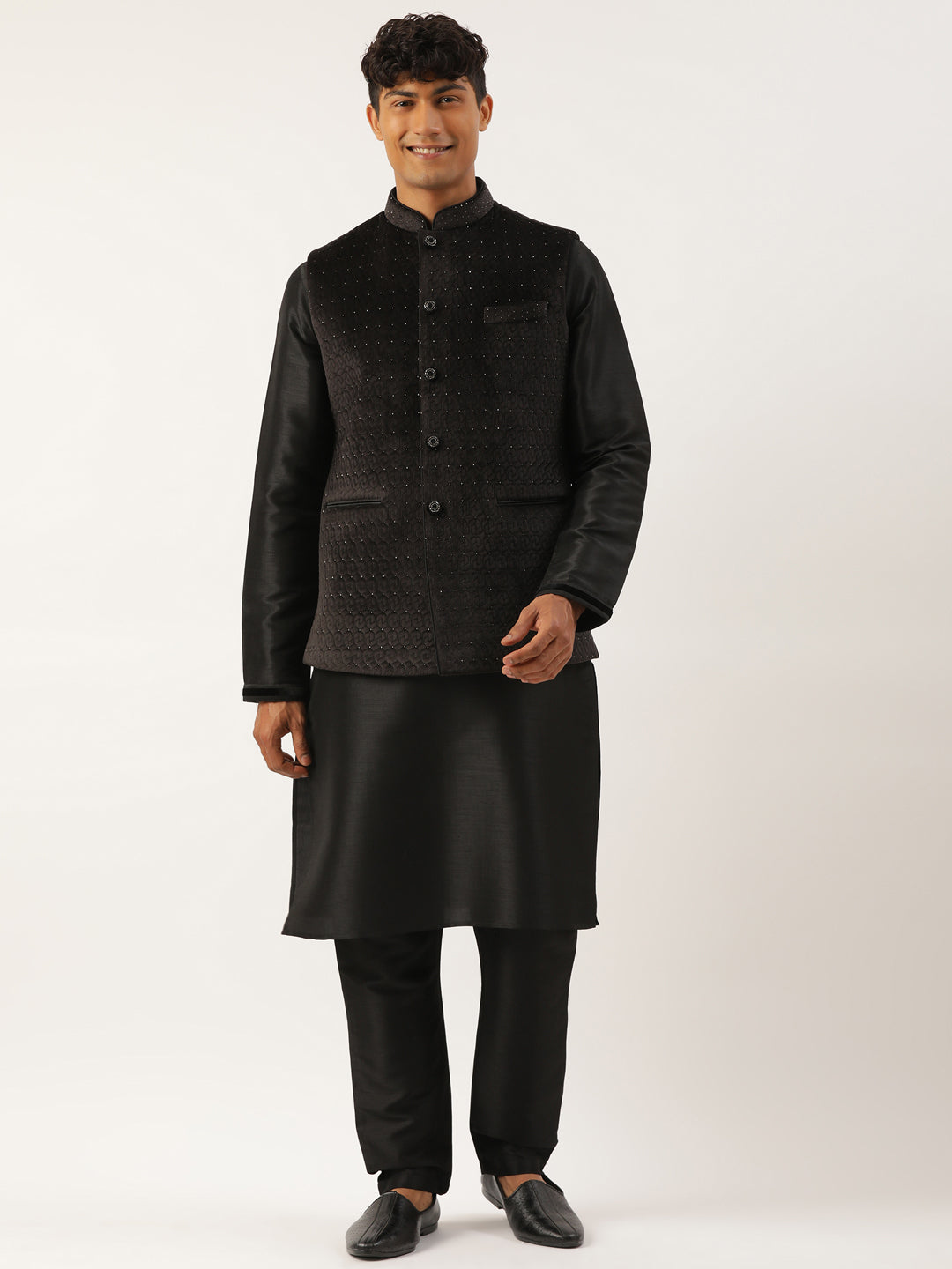 Black Velvet Quilted Jacket Kurta Set