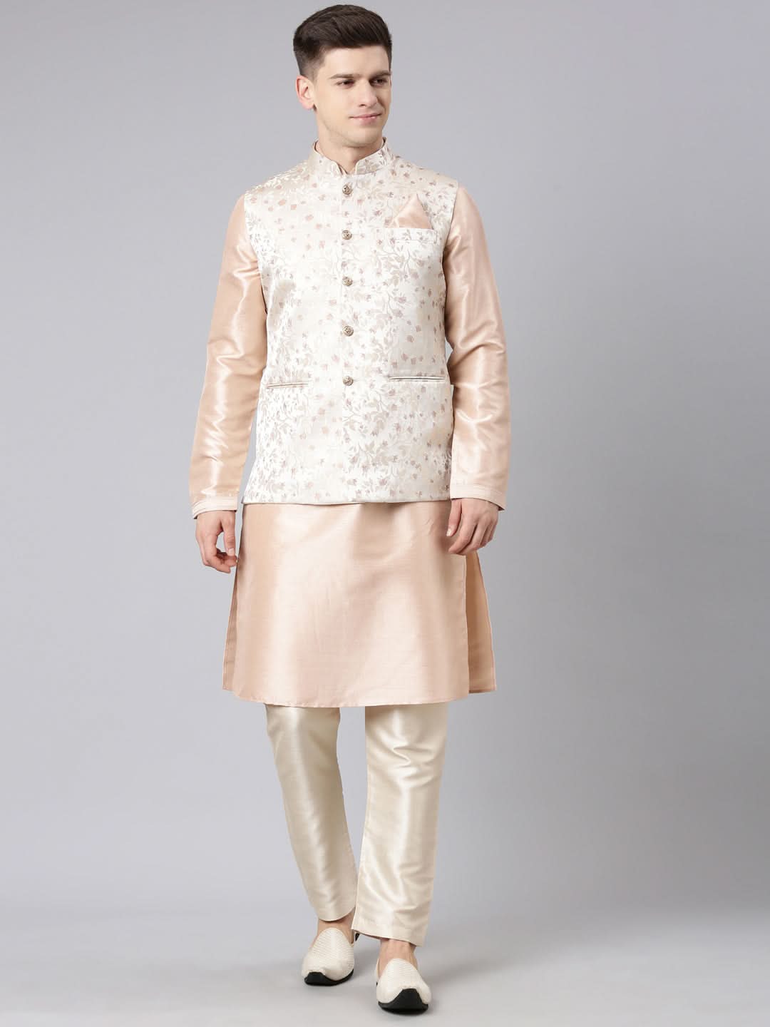 Peach Beige Jacquard Jacket with Kurta Set