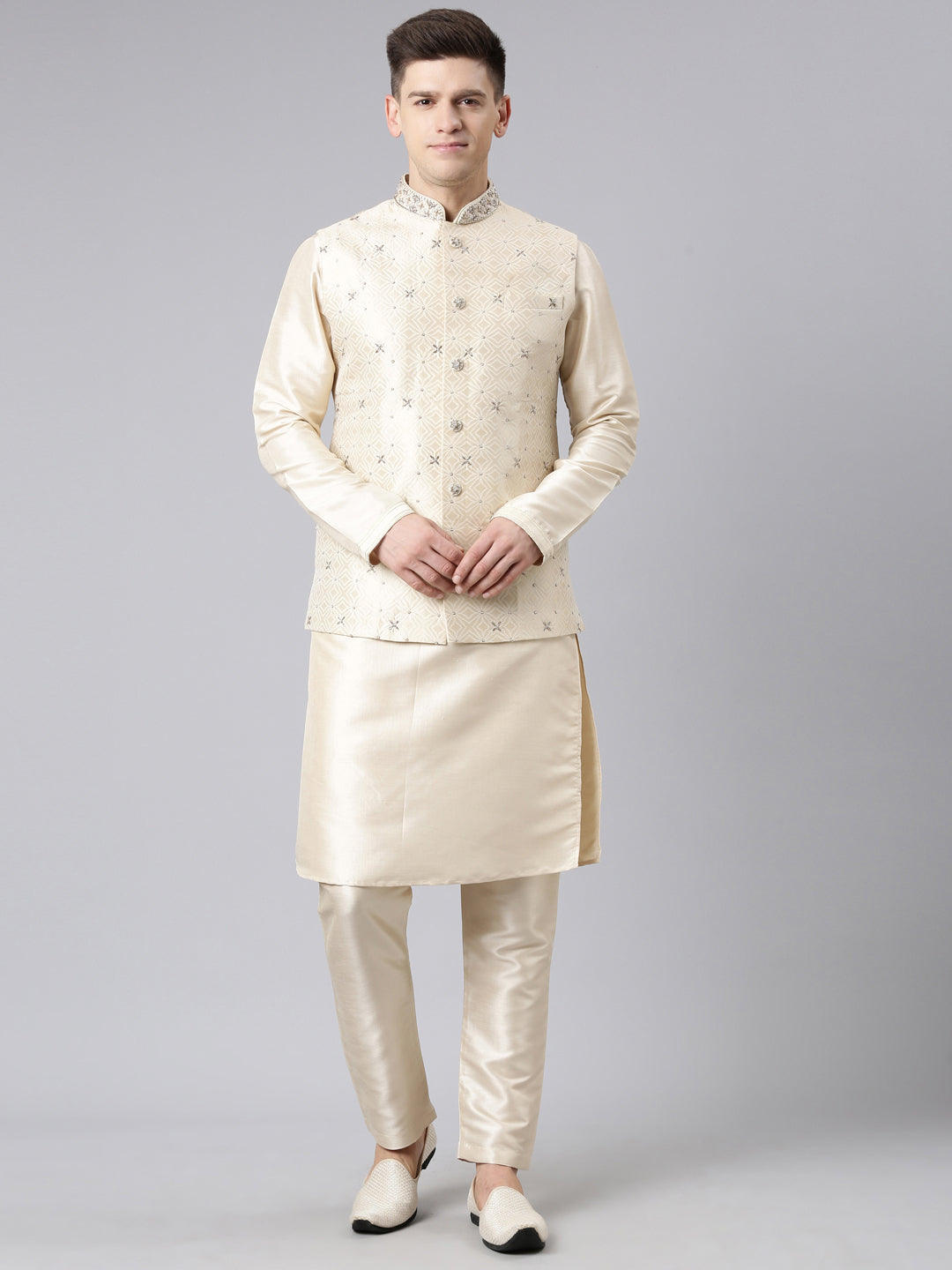 Ivory Gold Jacquard Jacket With Ivory Kurta