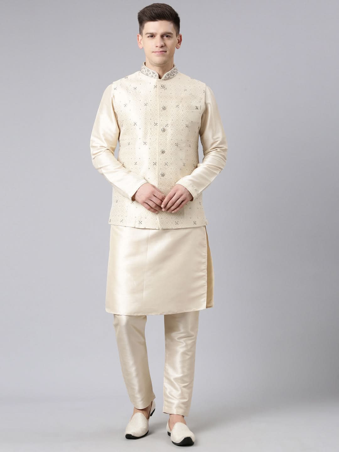 Ivory Gold Jacquard Jacket With Ivory Kurta