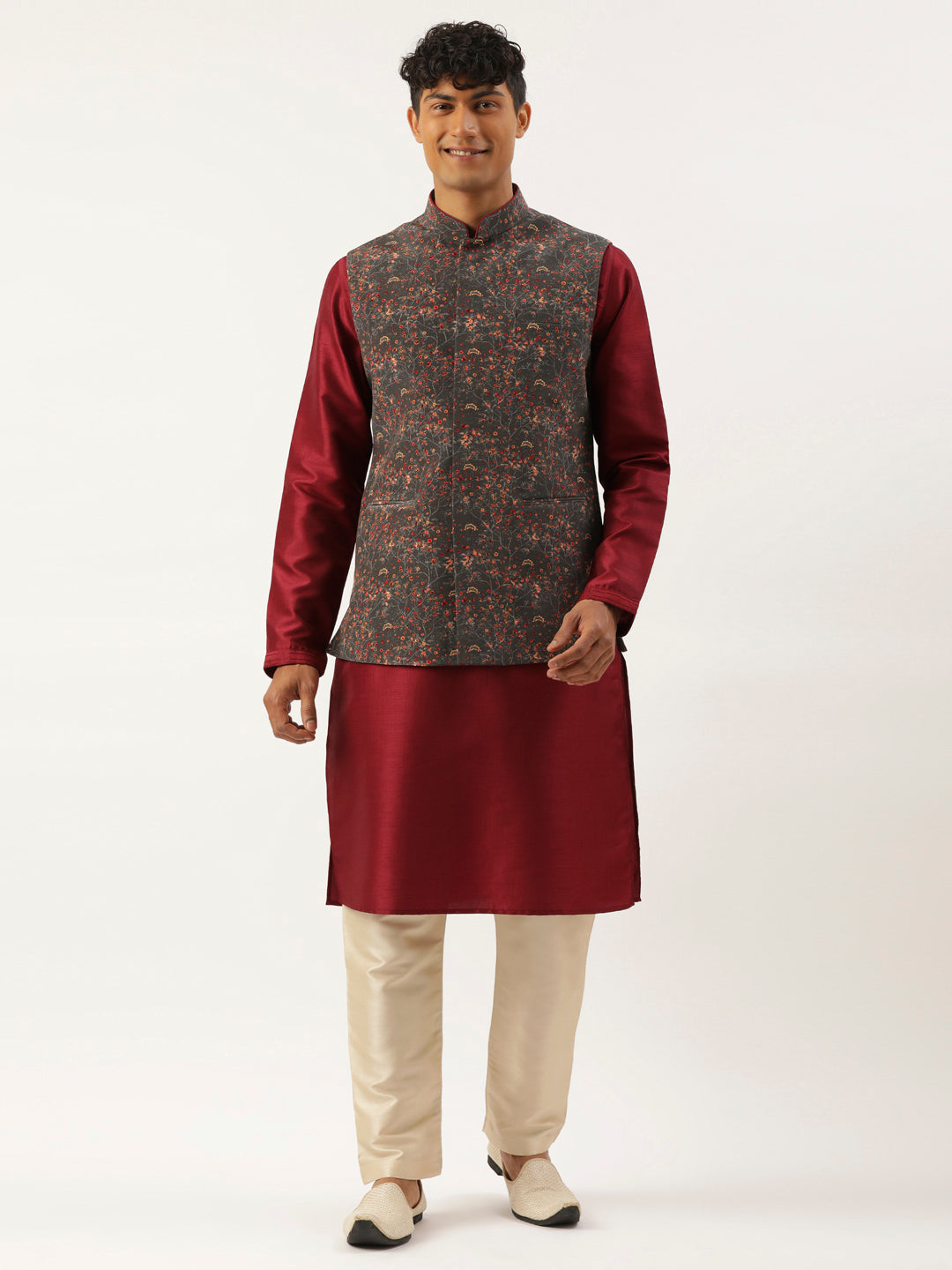 Charcoal Grey Printed Jacket With Maroon Kurta Set
