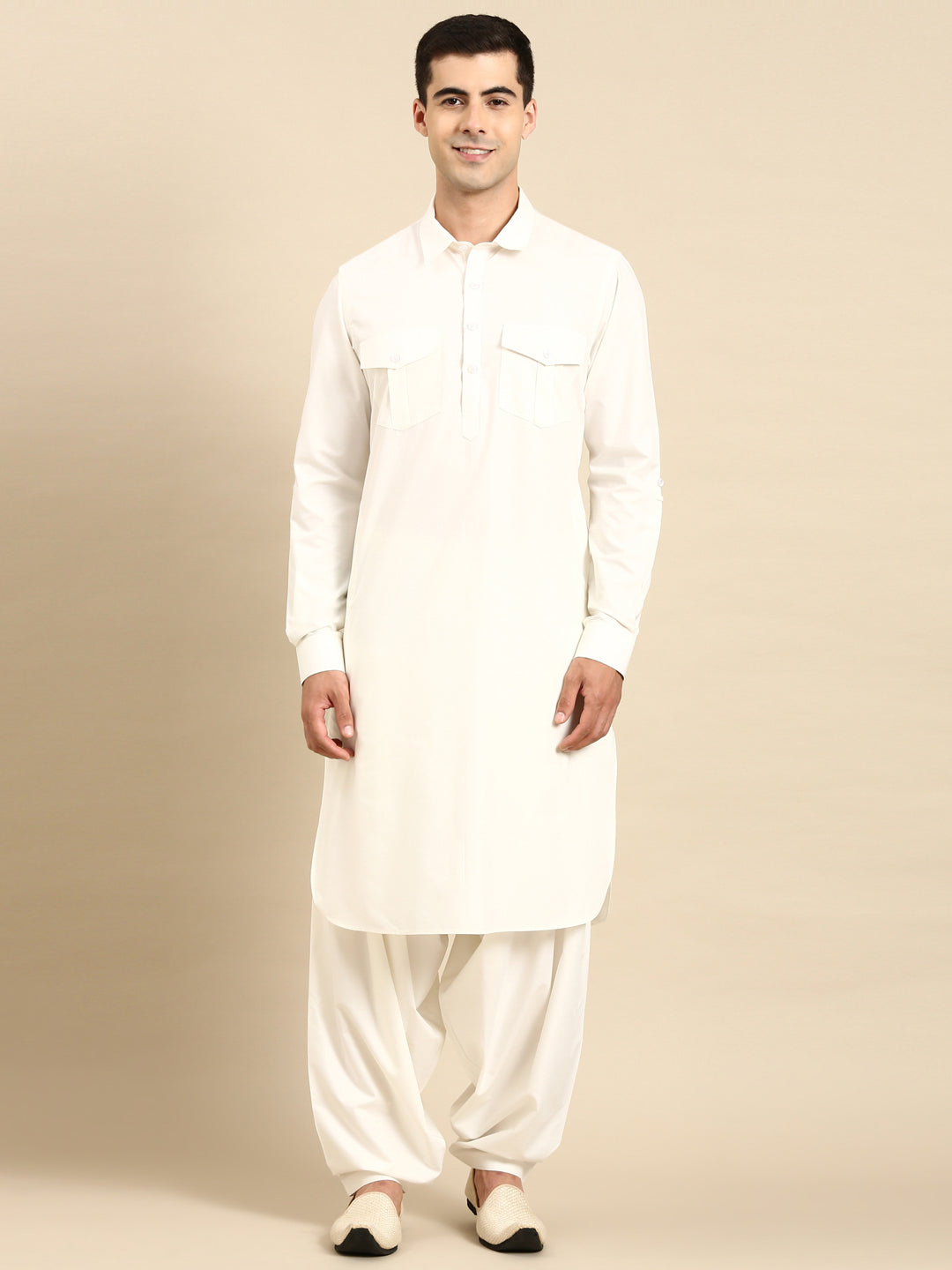 Off White Fine Cotton Pathani With Salwar