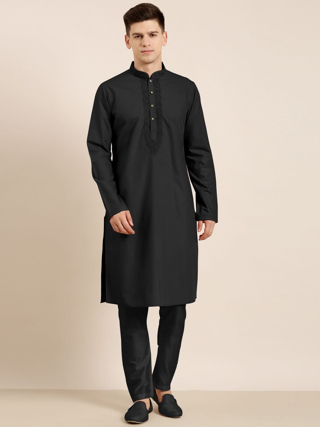 Black Cotton Dori Embroidered Kurta Set