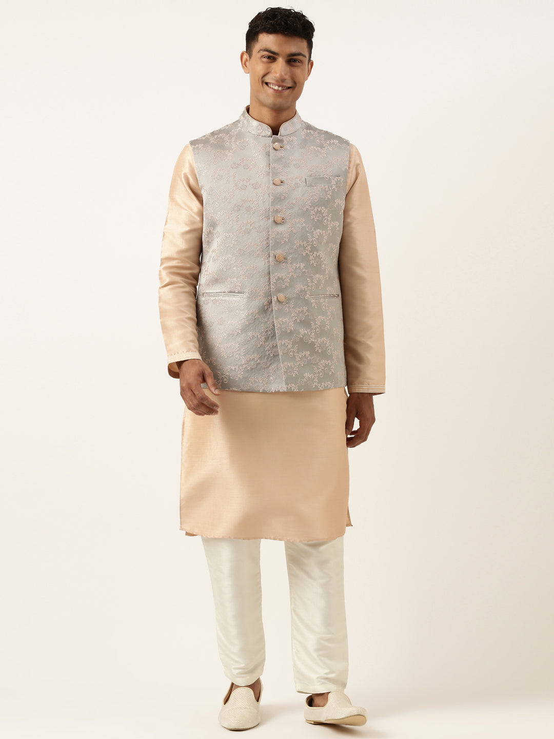 Grey Peach Jacquard Jacket Kurta Set