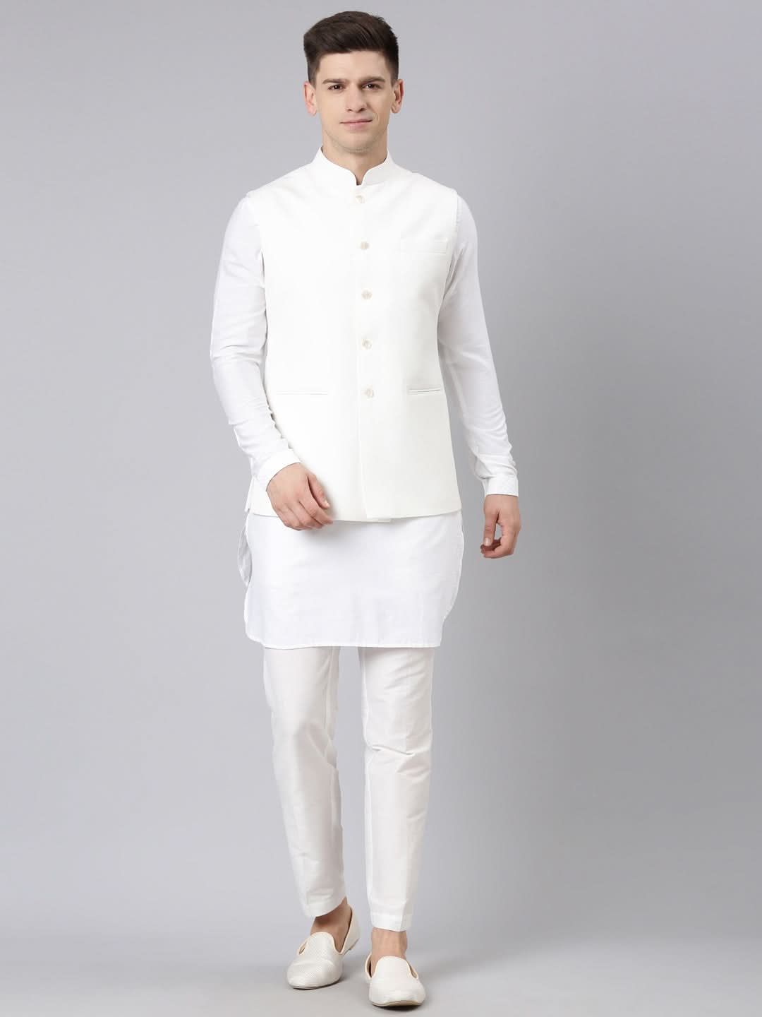 Off White jacket with Short Kurta Set