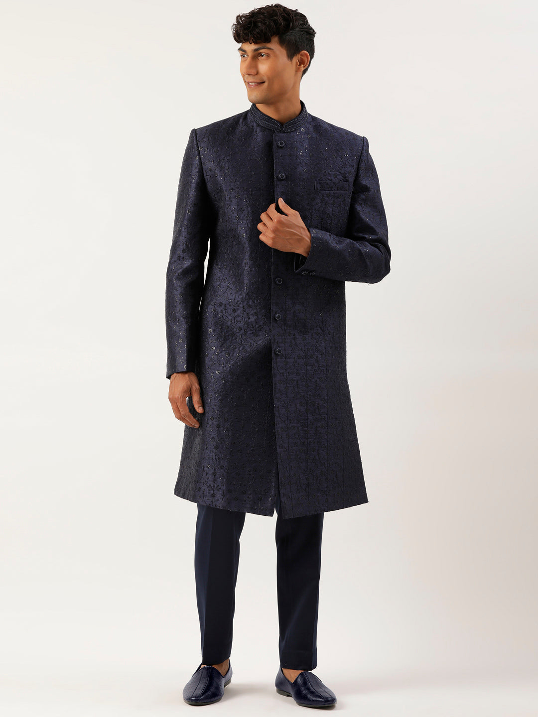 Navy Silk Embroidered Indowestern Set
