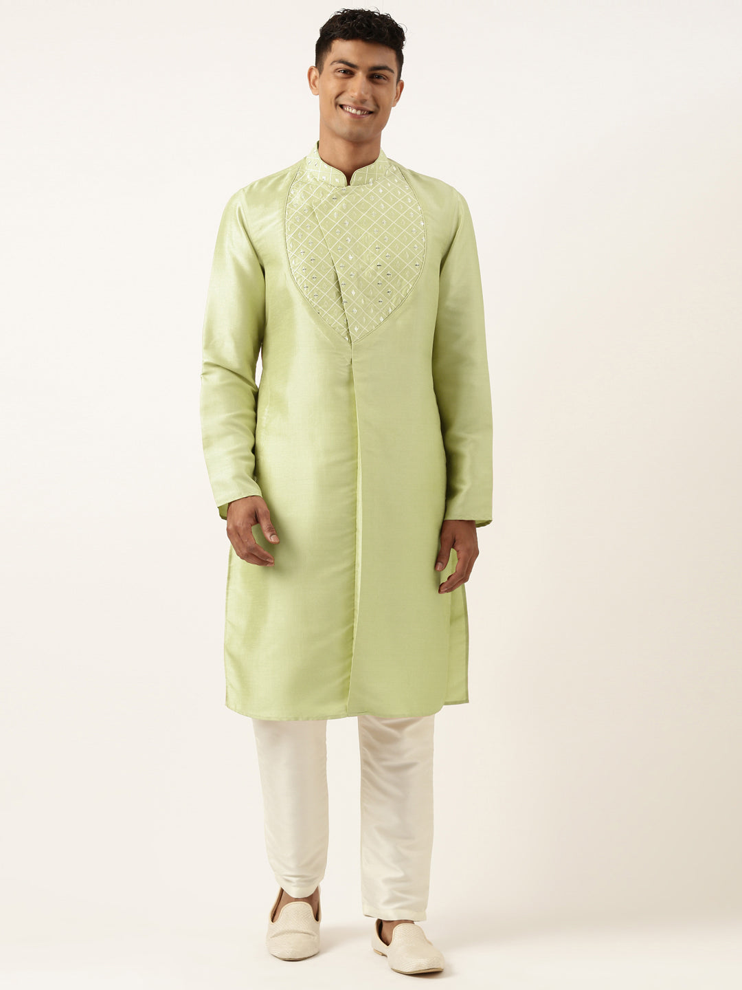 Parrot Green Embroidery Angrakha Kurta Set