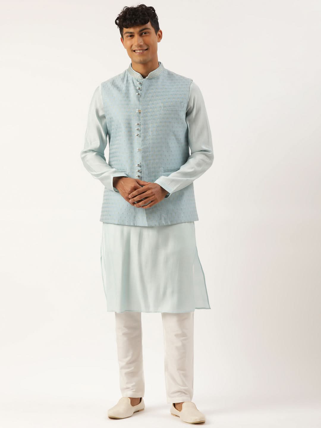 Light Blue Banarasi Jacquard Jacket with Kurta Set