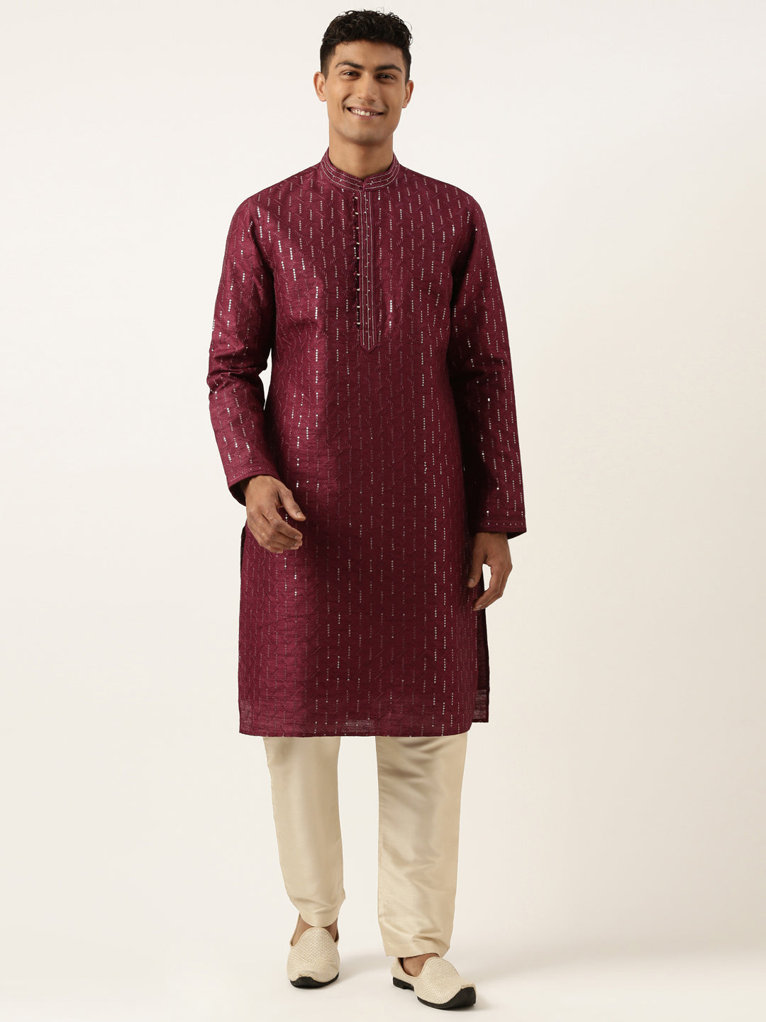 Wine Embroidered Kurta Set