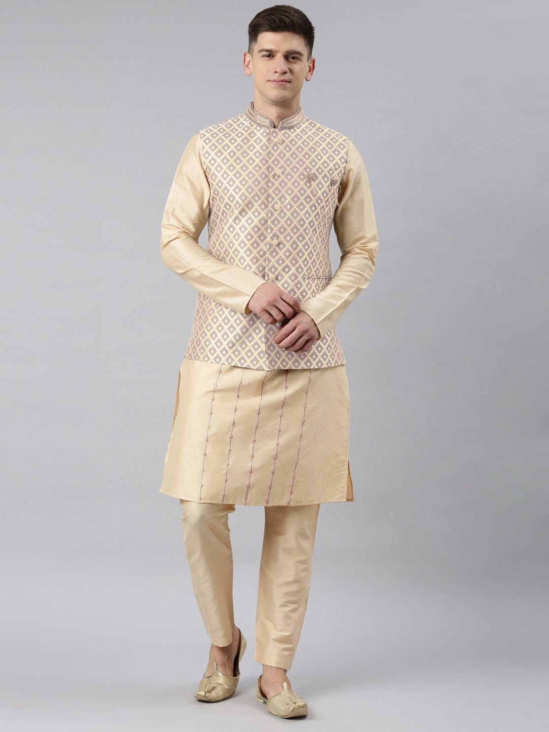 Rose Gold Chanderi Jacquard Jacket With Kurta Set