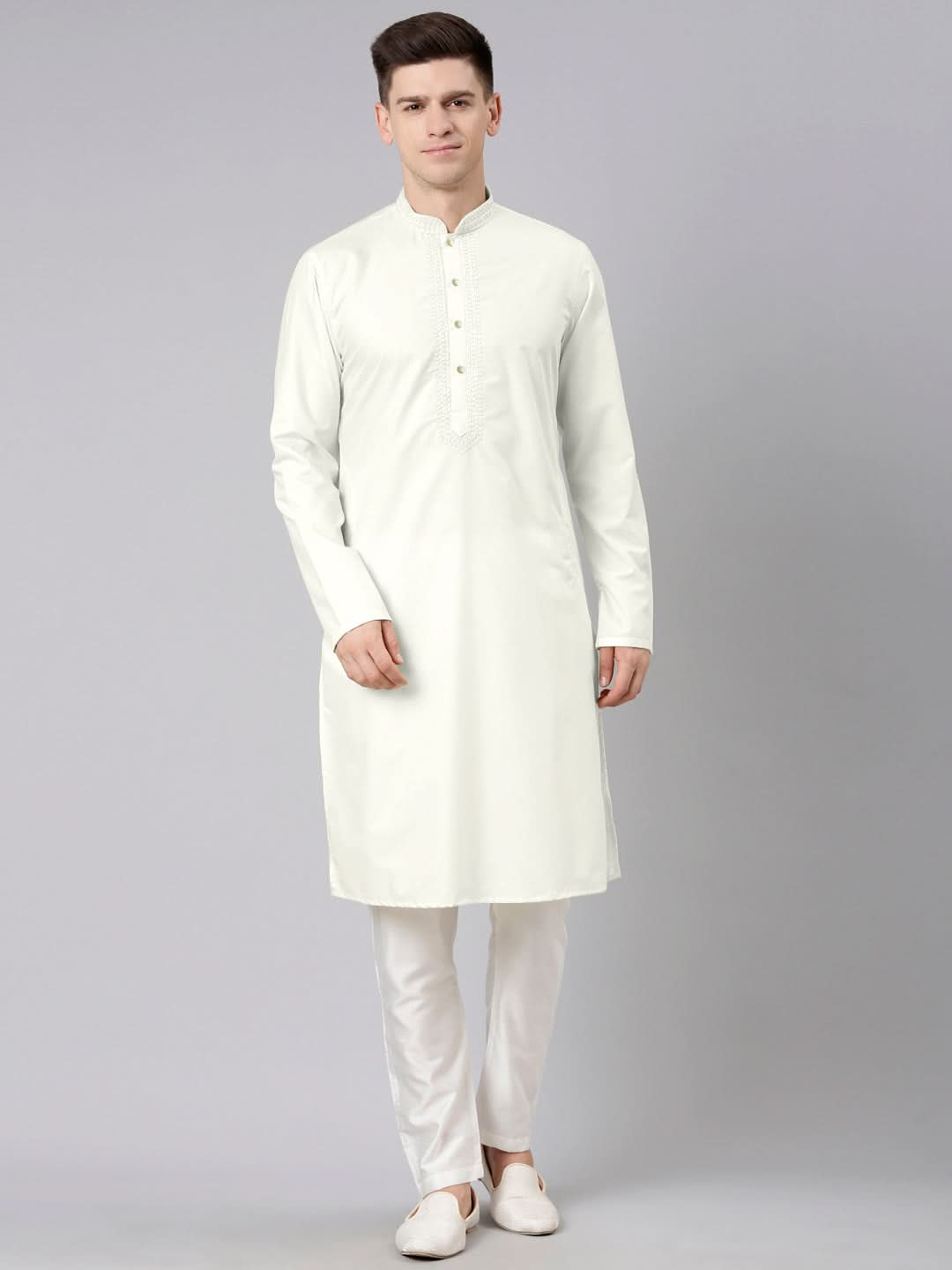 Off White Cotton Dori Embroidery Kurta Set