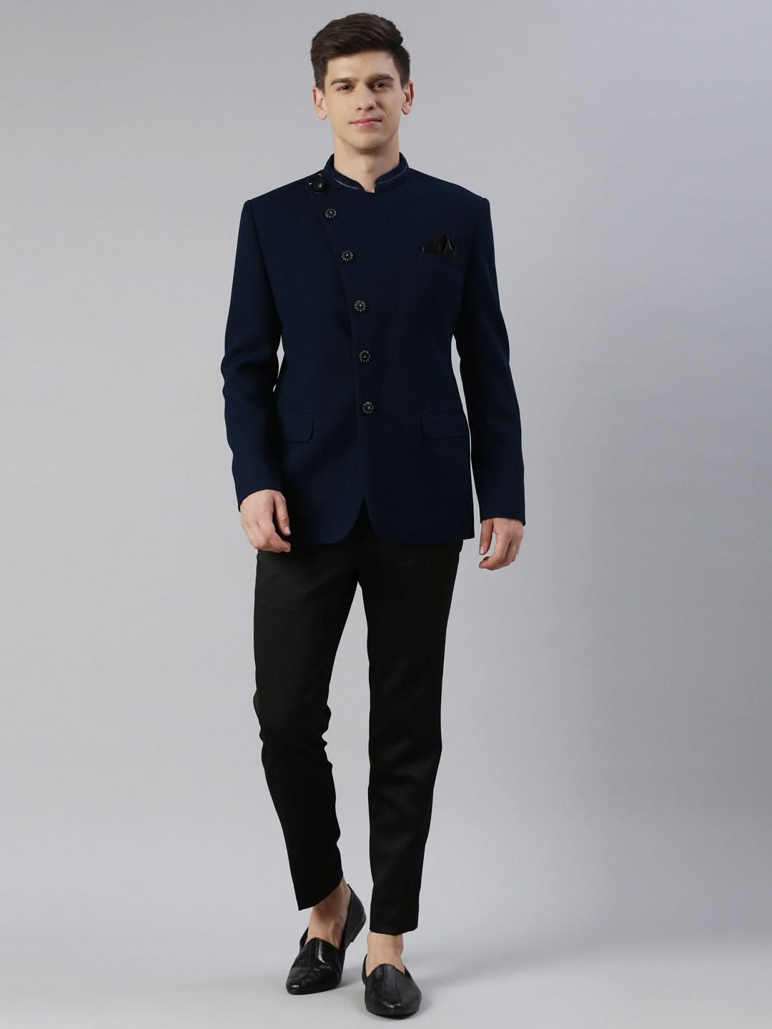 Teal Blue textured Bandhgala with leather detailing