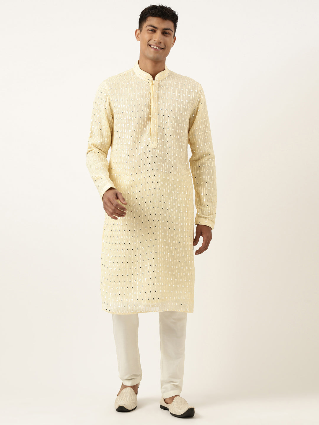 Lemon Yellow Mirror Embroidered Kurta Set