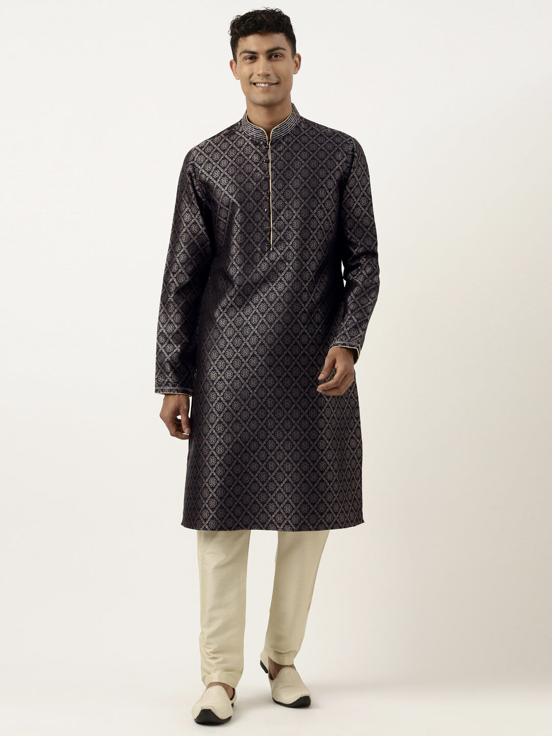 Midnight Blue with Golden Floral Jaal Open Kurta Set
