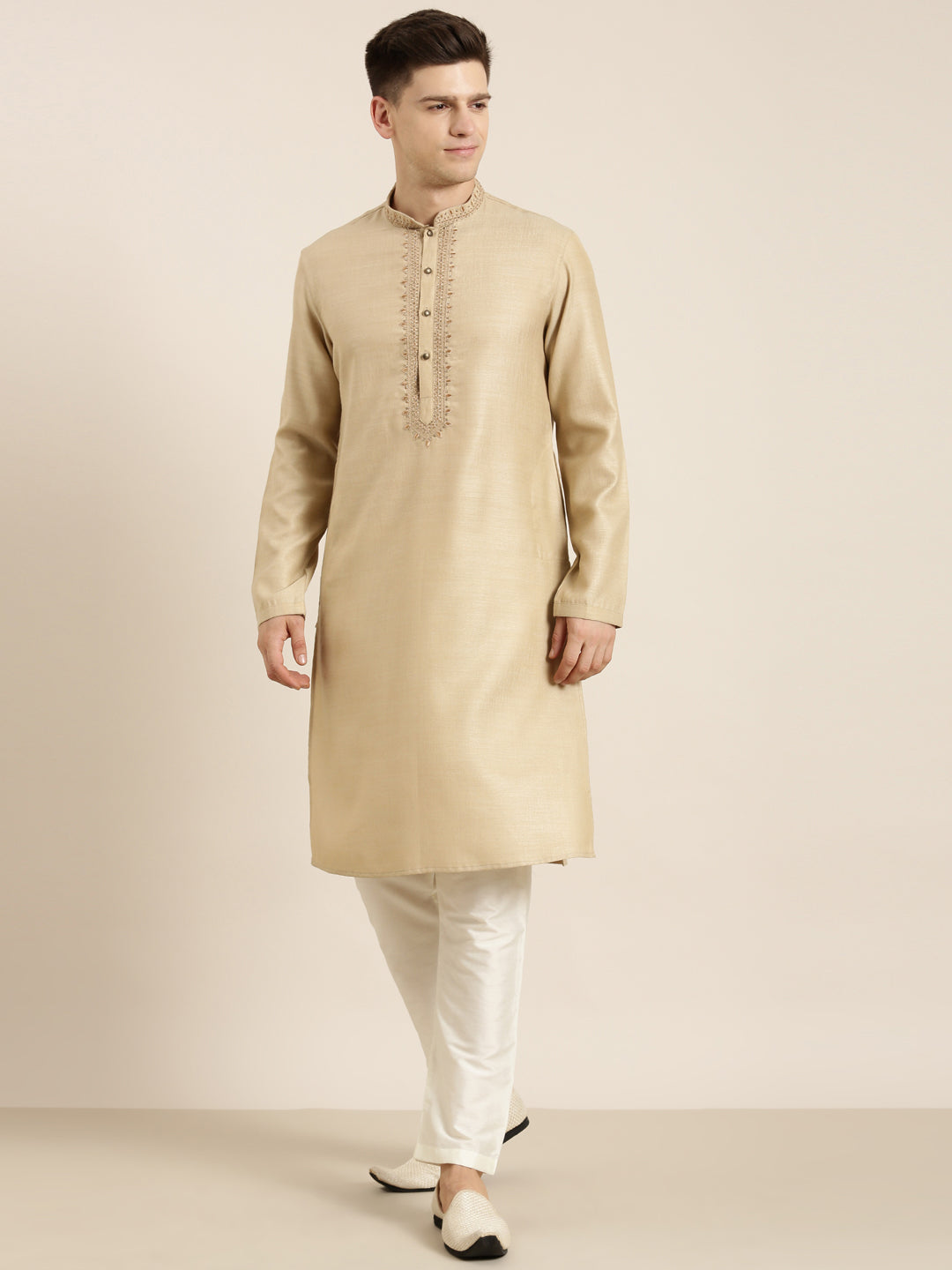 Beige Cotton Dori Embroidered Kurta