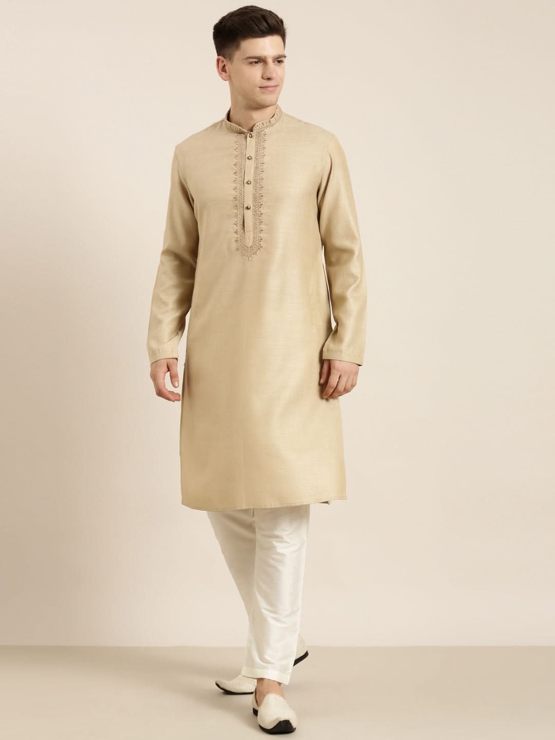 Beige Cotton Dori Embroidered Kurta