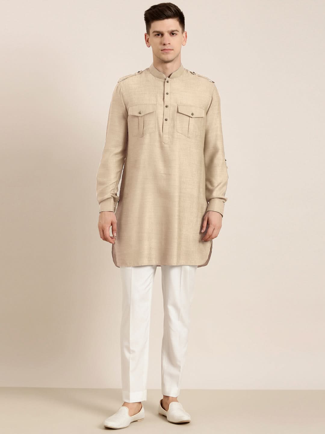 Beige cotton Short Pathani