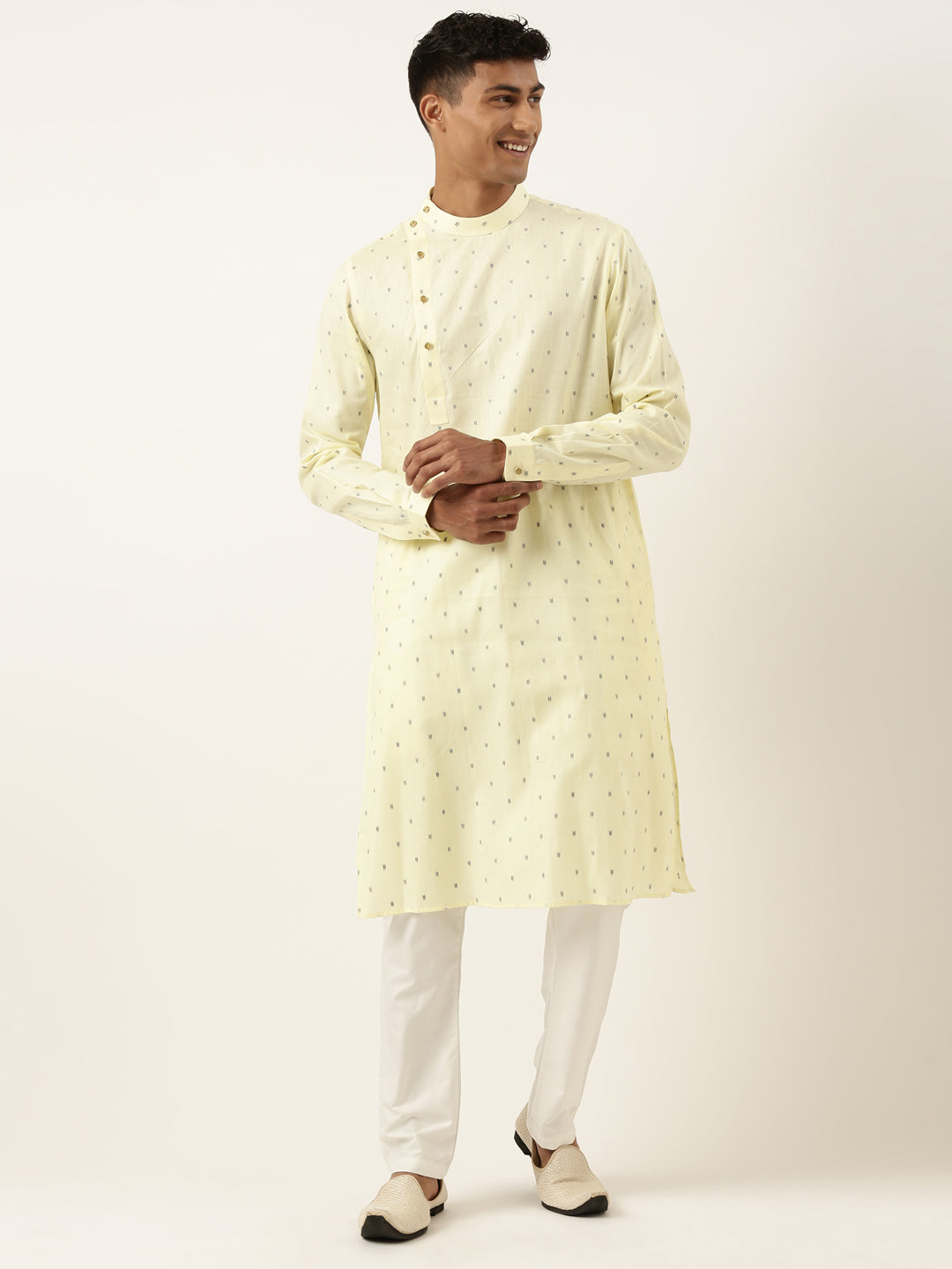 Cotton Pastel Yellow Booti Side Open Kurta Set