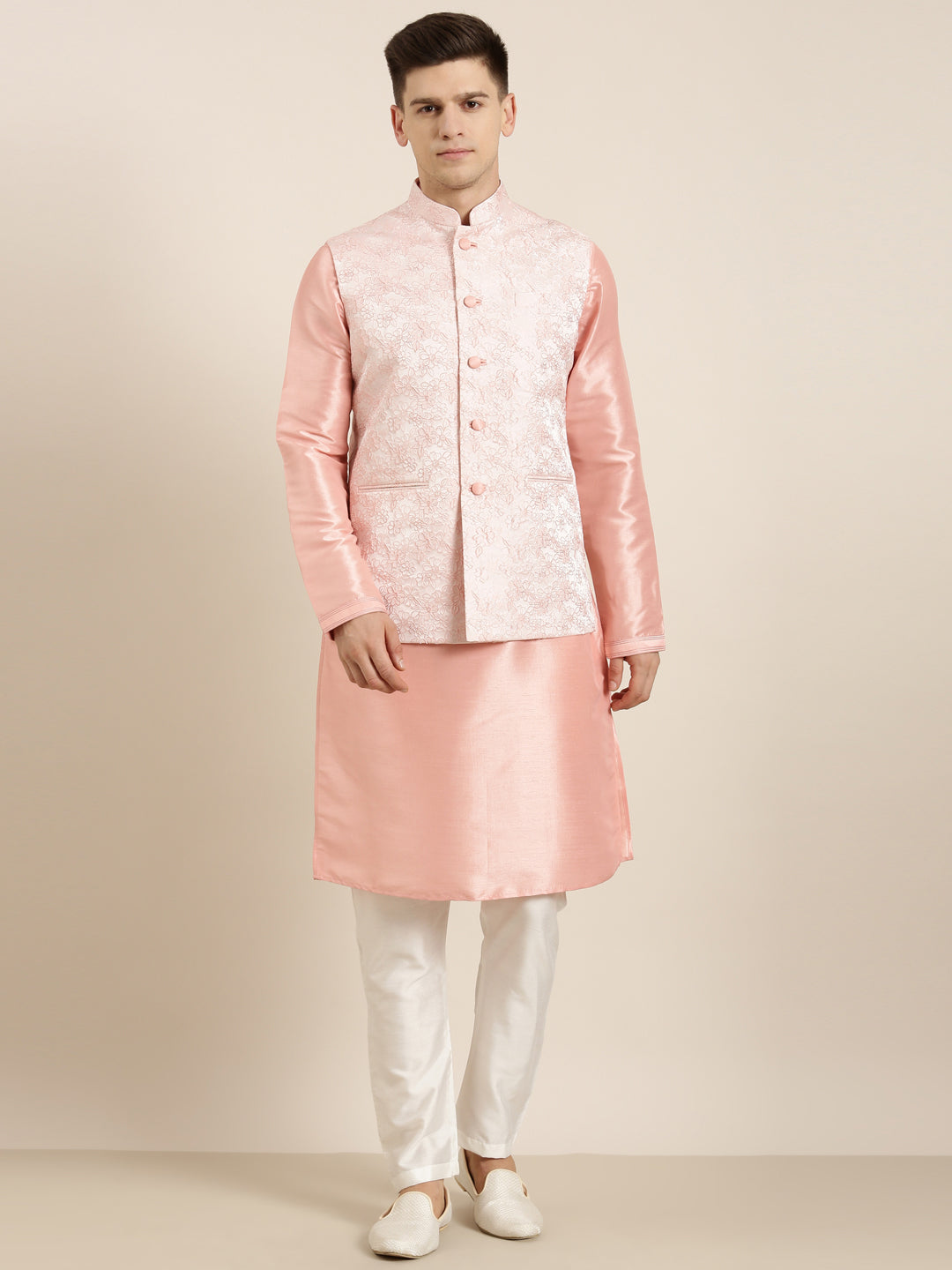 Peach Jacquard Jacket Kurta Set