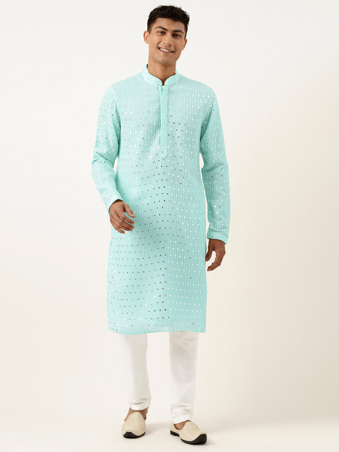 Aqua Blue Mirror Embroidered Gerogette Kurta Set