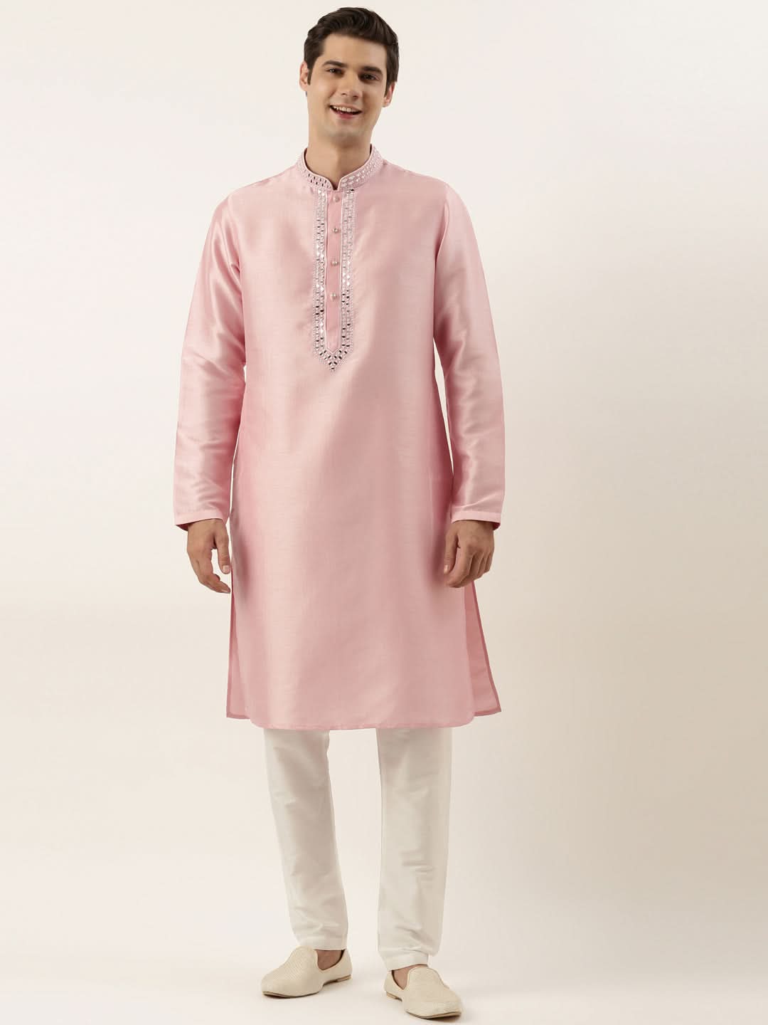Pink Silk Mirror Embroidered Kurta Set