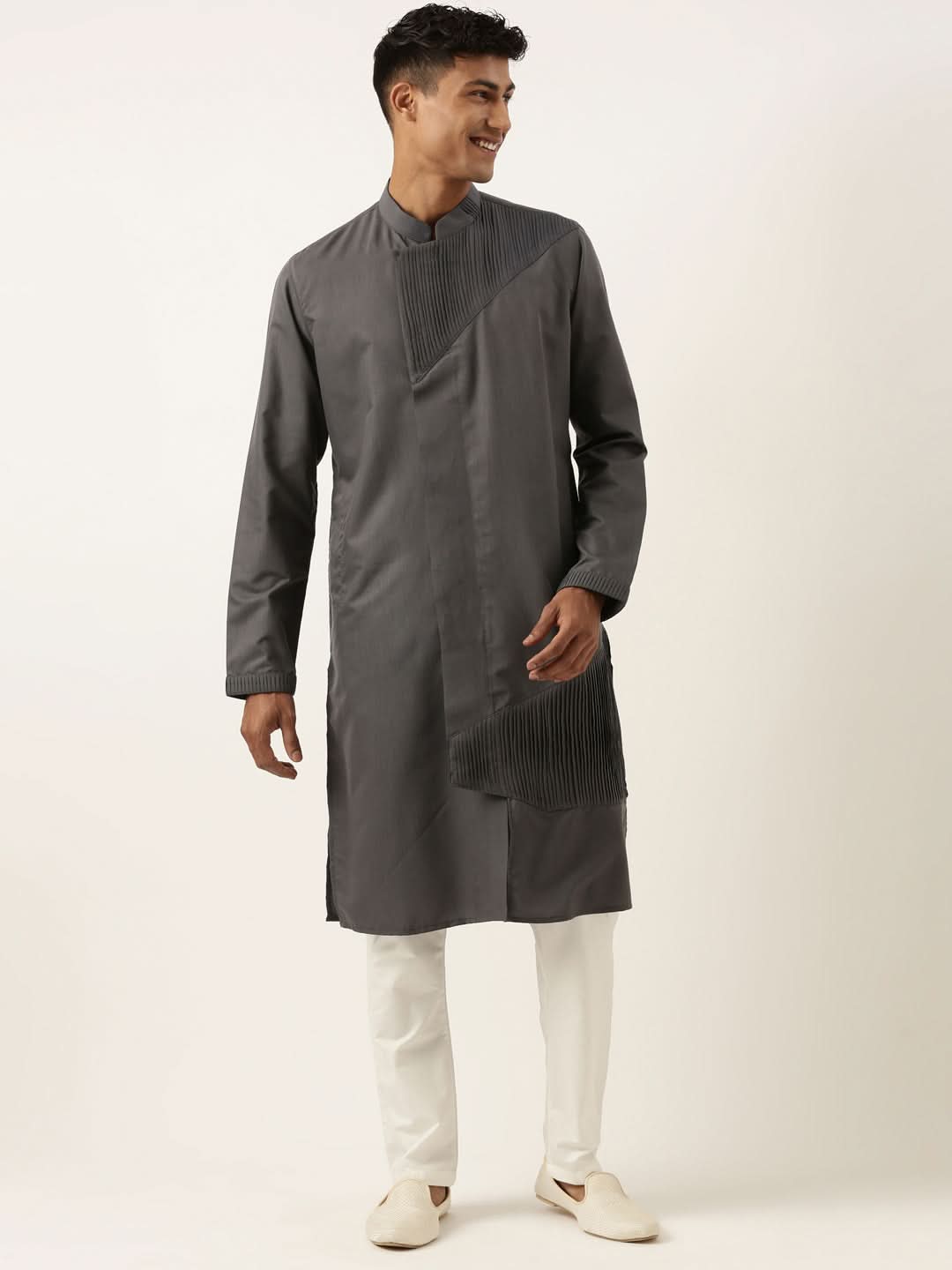 Grey Pleated Cotton Kurta Set