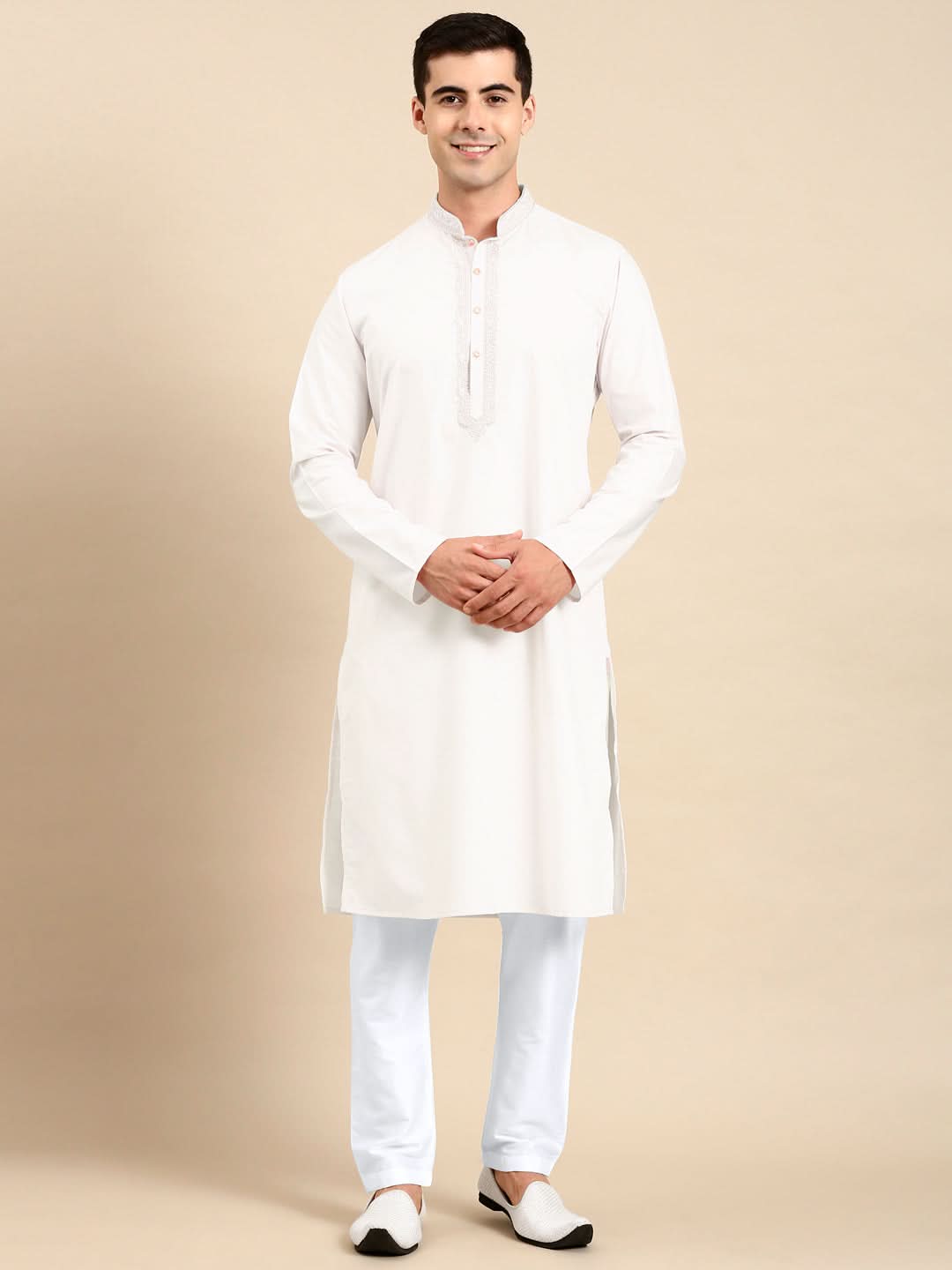 White Cotton Dori Embroidered Kurta Set