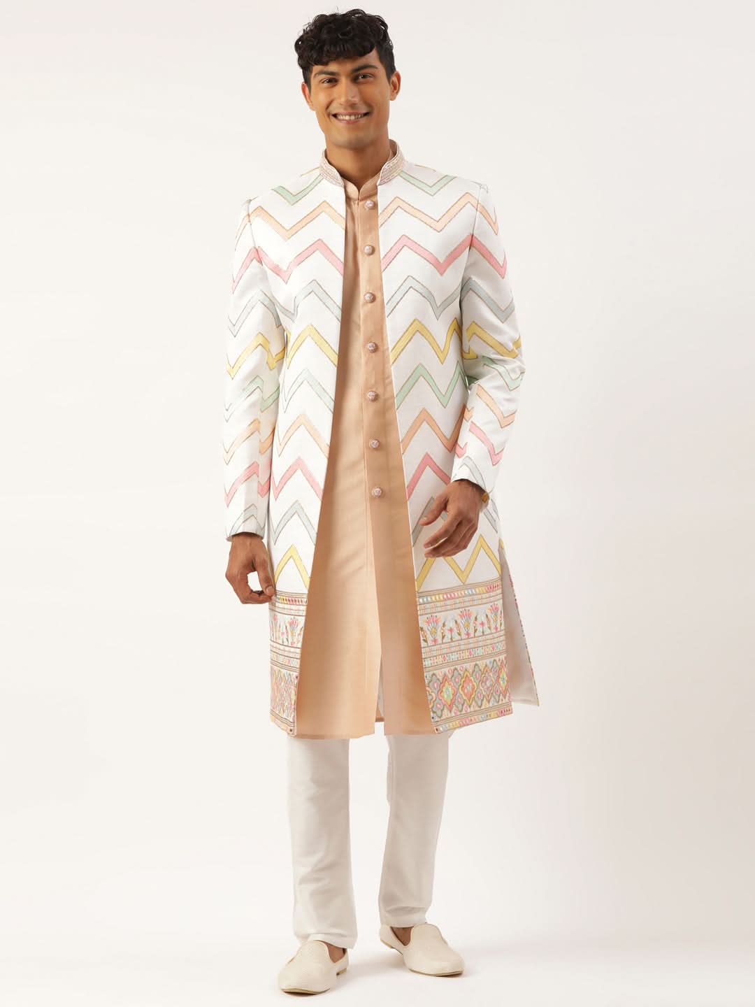 White Embroidered Open Indowestern Set