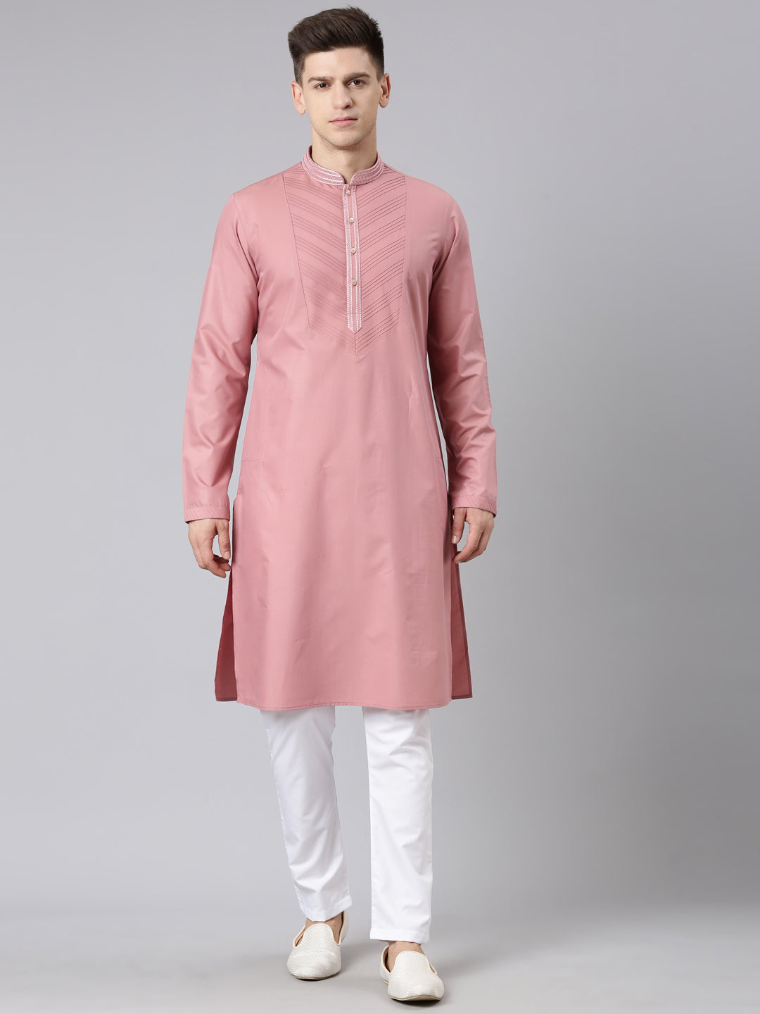 Rose Pink Pleated Cotton Kurta Set