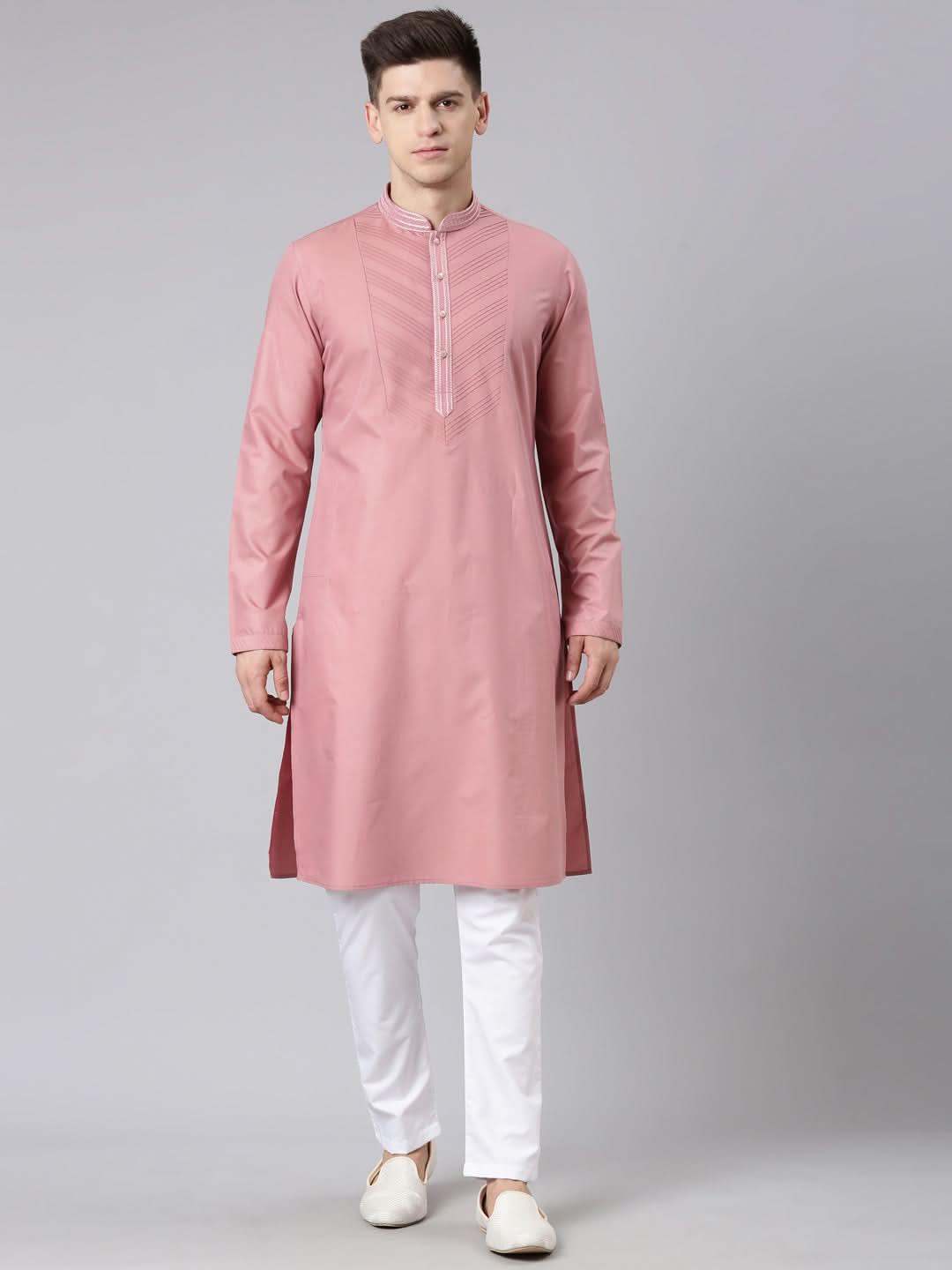 Rose Pink Pleated Cotton Kurta Set