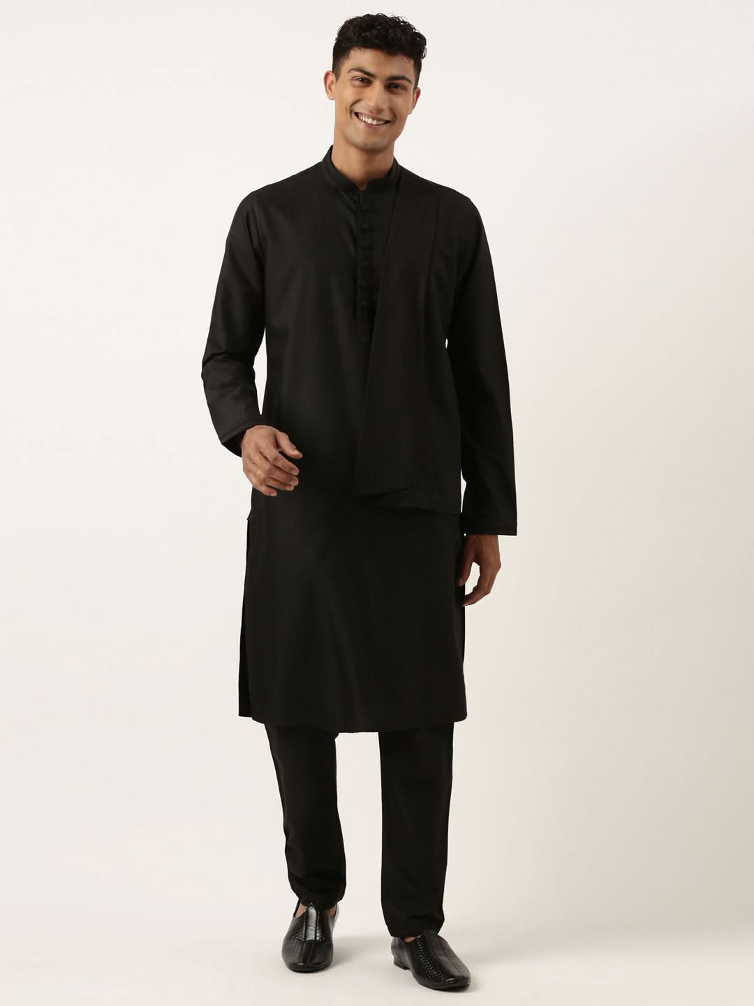 Black Cotton Layered Kurta Set