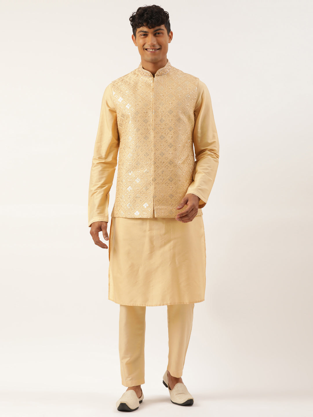 Beige Embroidered jacket kurta set