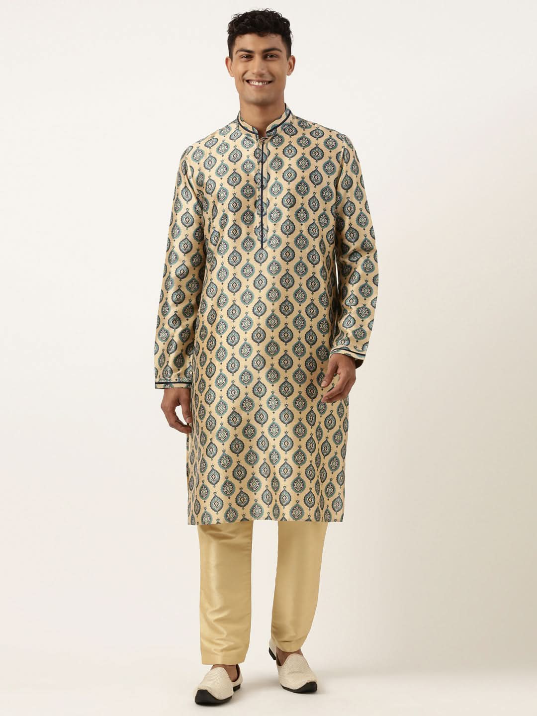 Printed Gold Cotton Kurta Set