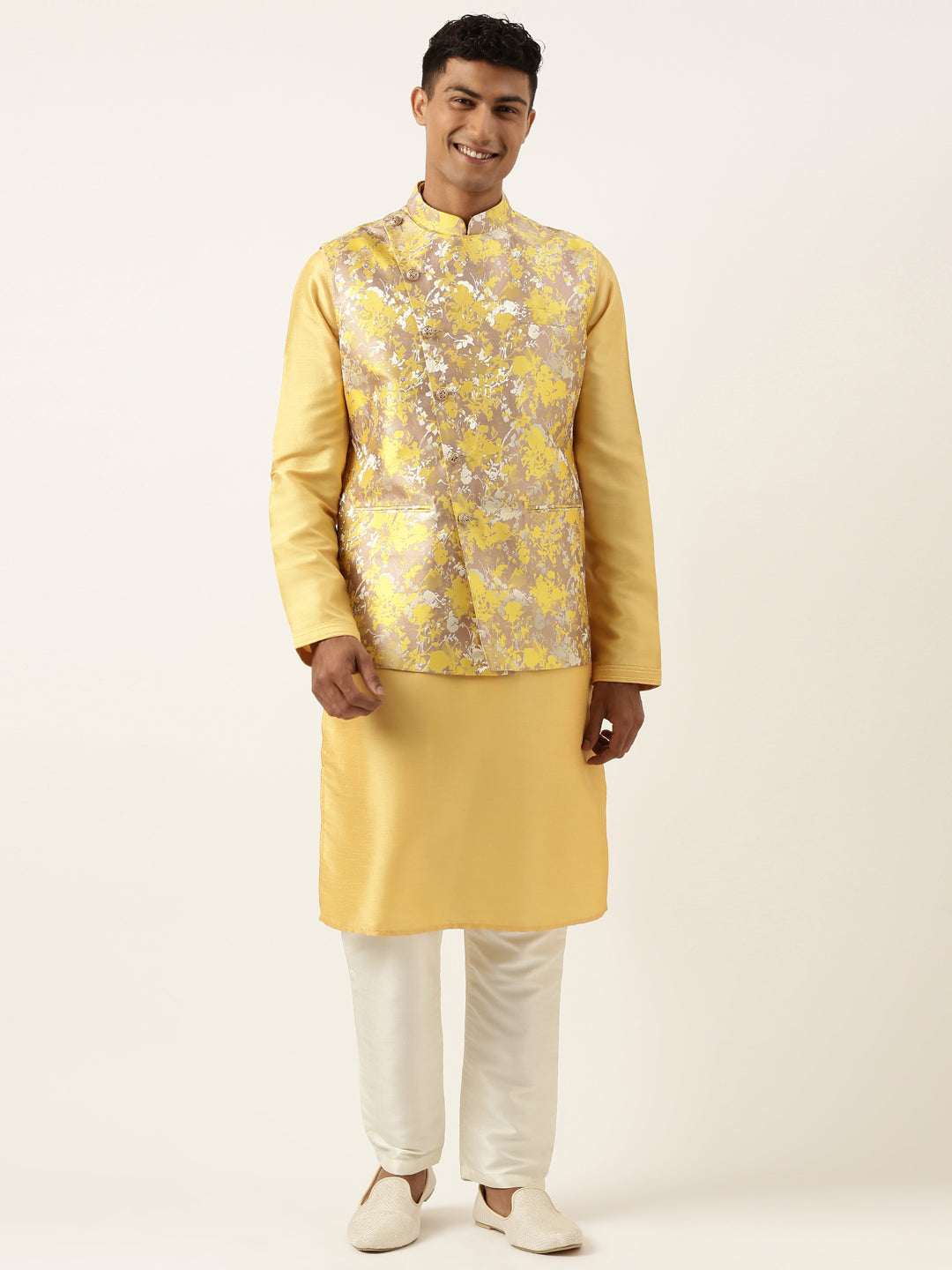 Yellow Floral Jacquard Angrakha Jacket With Beige Kurta