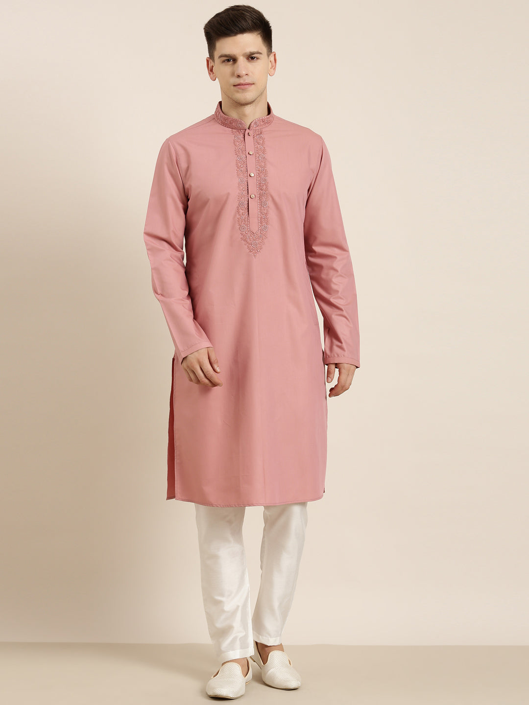 Rose Pink Cotton Dori Embroidered Kurta Set
