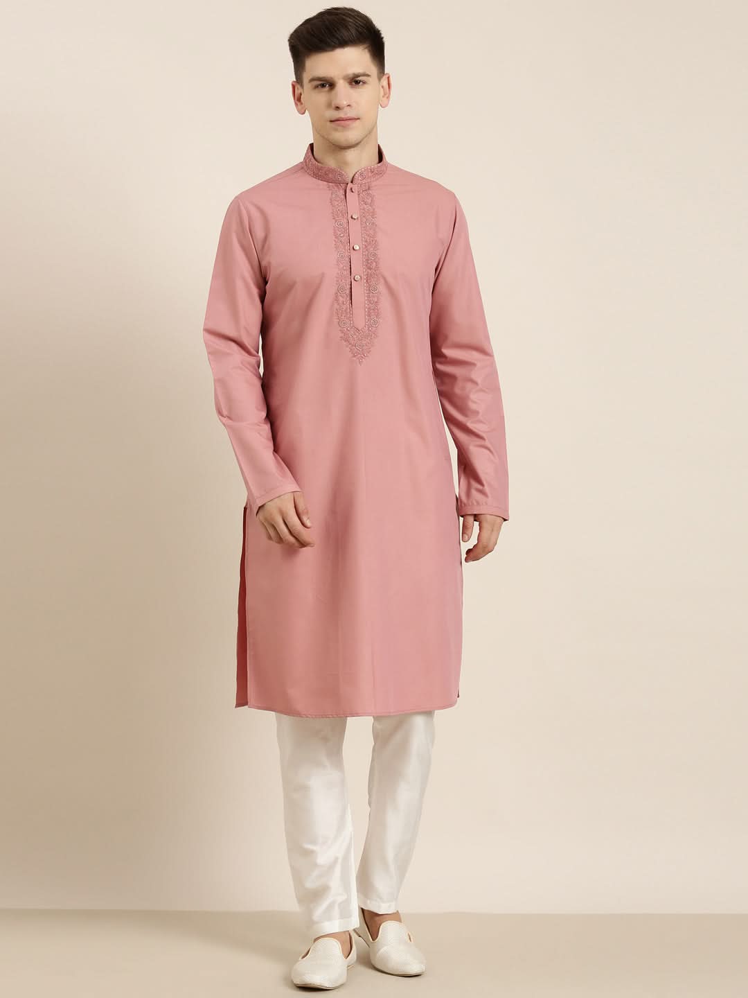 Rose Pink Cotton Dori Embroidered Kurta Set