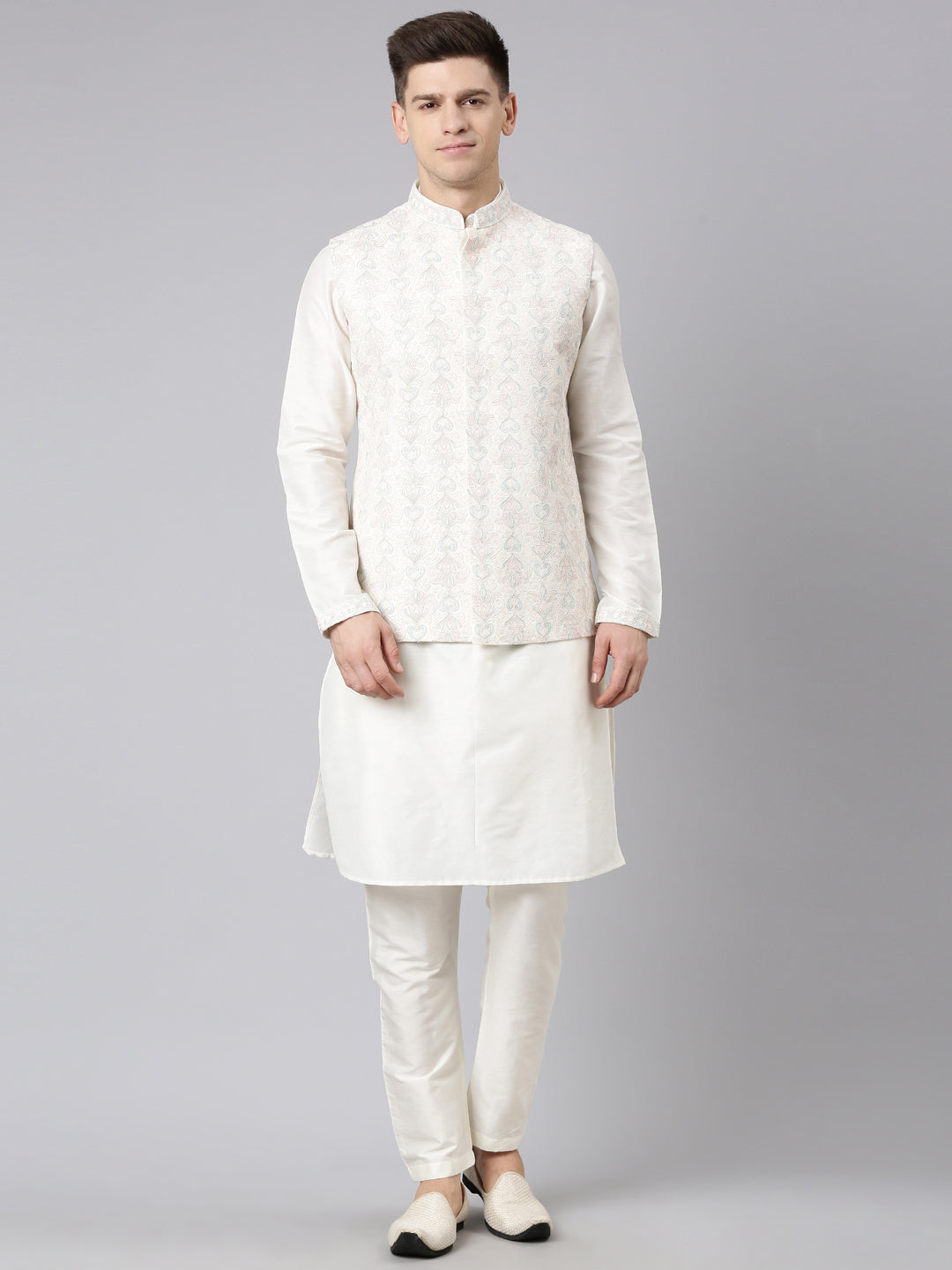 Cream Dori Embroidery Jacket Kurta Set