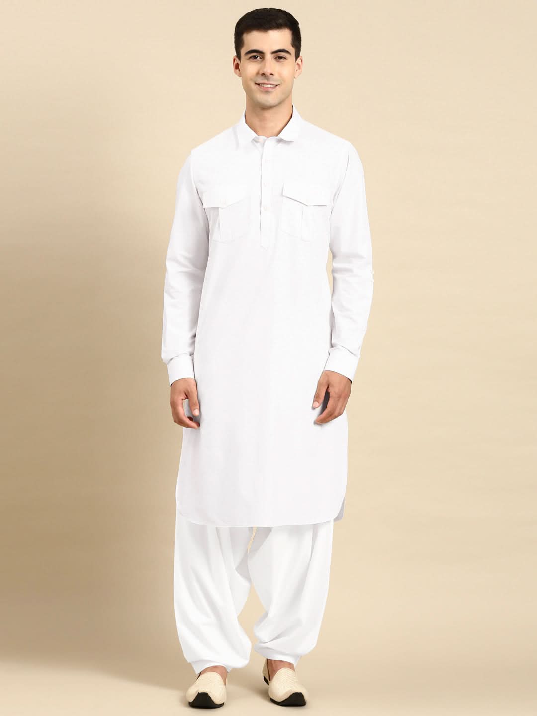 White Fine Cotton Pathani With Salwar