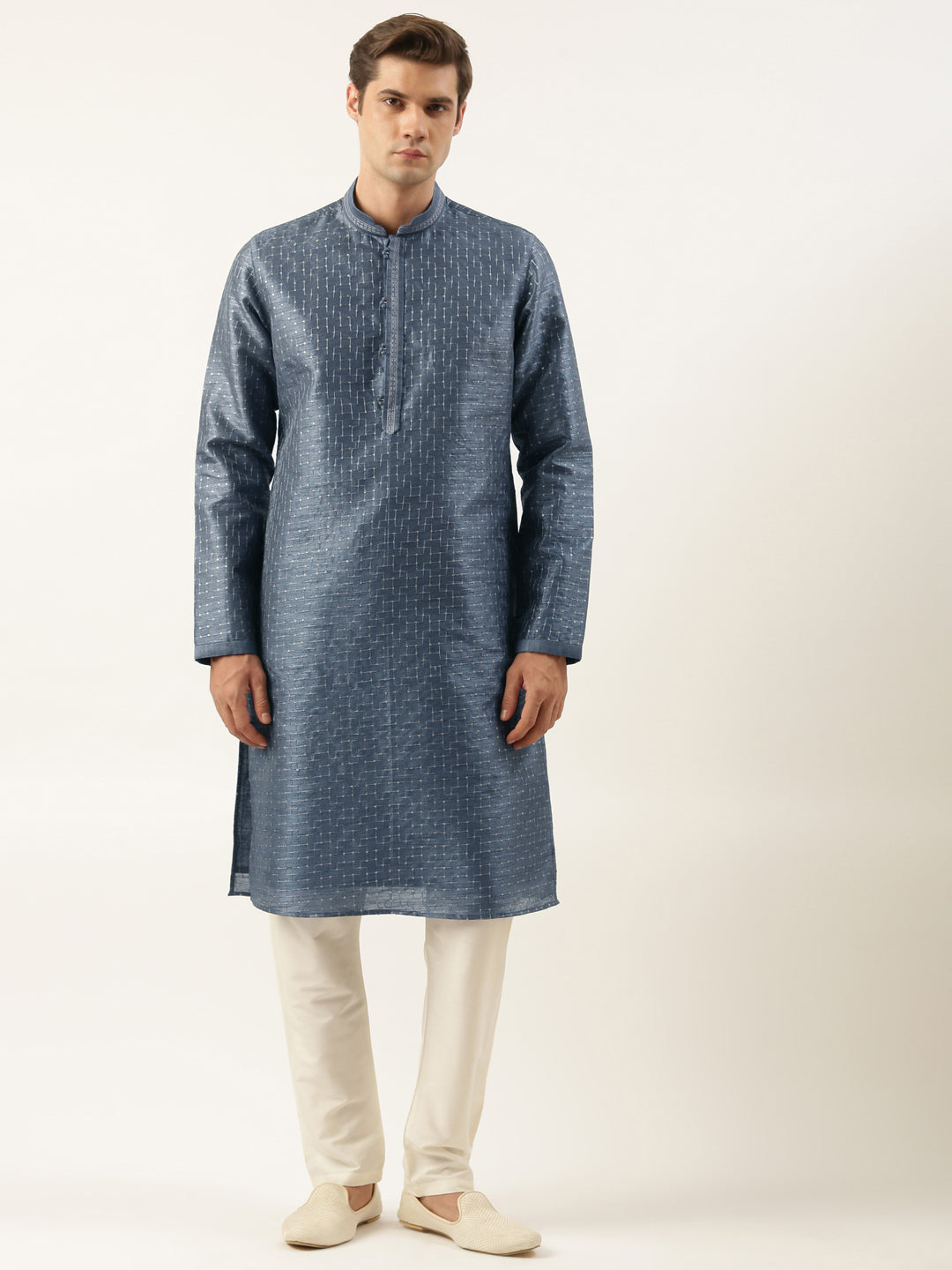 Grey Embroidered Silk Kurta Set