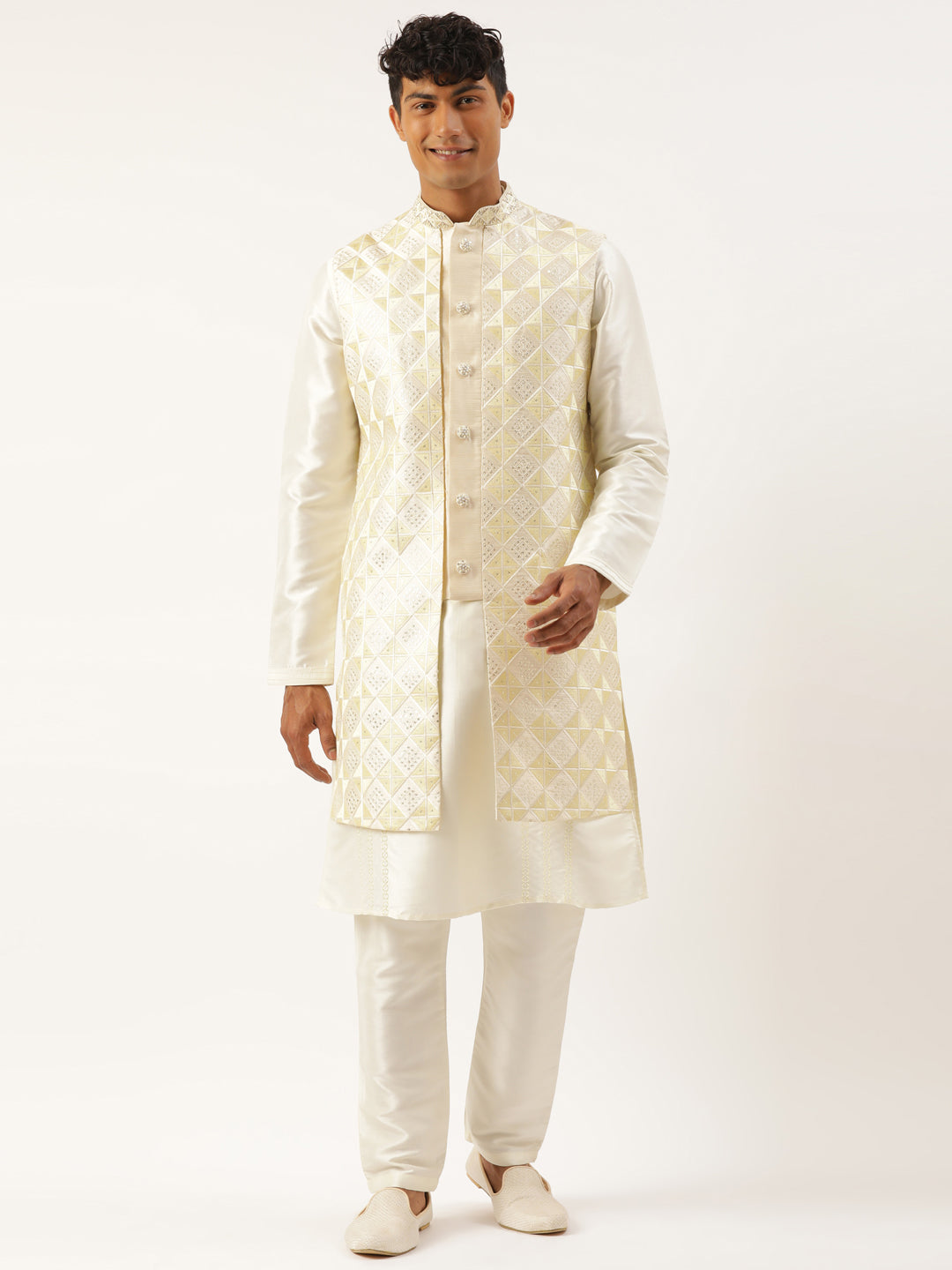 Cream Embroiderd Layered Long Jacket Kurta Set