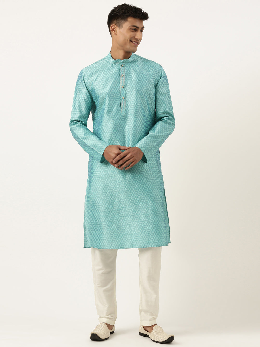 Bluish Green Jacquard Silk Kurta Set